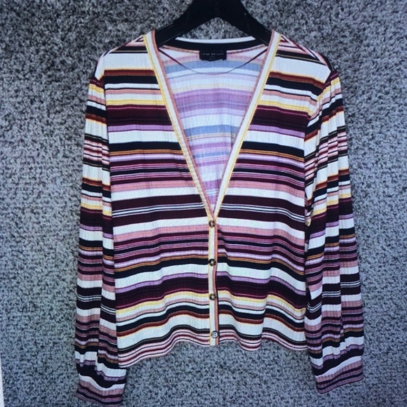 Tops - Striped V-Neck Button Cardigan in Pink, Burgundy & Cream